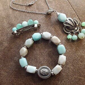 Blue larimar set: filigree vtg necklace, hair accessory and bracelet.